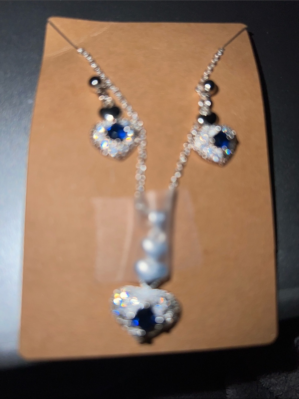 Silver Necklace and Earring Set with Blue Crystal Heart